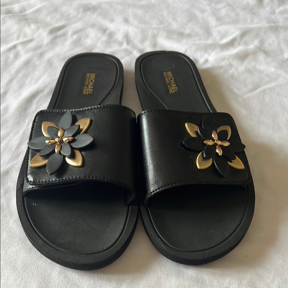 Michele Black and Gold Butterfly Slide Sandals